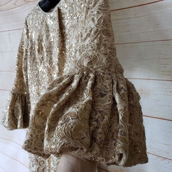 Betsy and Adam Sequined Lace Sheath Dress Bell Sleeves Gold Women's Size 4P - Picture 6 of 9